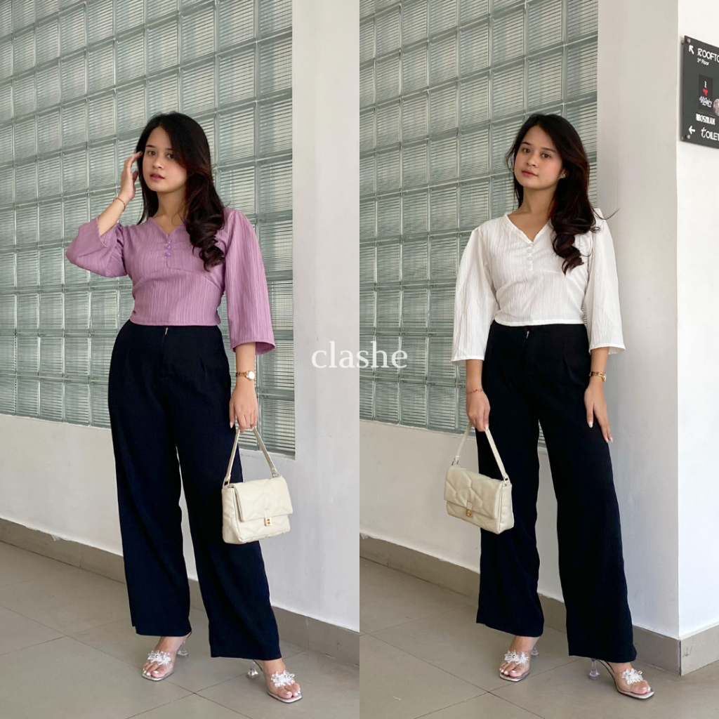 Baju Blouse Wanita Atasan Lengan Panjang Lady Crush Crinkle Anti Lecek Korean Style Kekinian Terbaru Ootd Yolla Top by Clashe