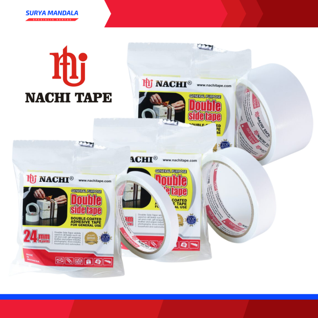 

DOUBLE TAPE NACHI 1/2 INCH, 1 INCH, 2 INCH | DOBEL SOLATIP ISOLASI SOLASI BOLAK BALIK