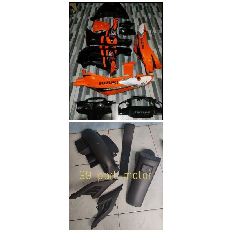 PAKET FULLSET COVER BODY HALUS DAN KASAR SUZUKI SATRIA R SATRIA LUMBA ORANGE HITAM cover body fullse