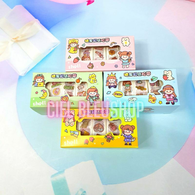 [ 5 ROLL / BOX ] BOX WASHI TAPE STICKER ESTETIK KARAKTER KARTUN MOMO - BUKAN MOTIF POLOS / IMPORT ORI