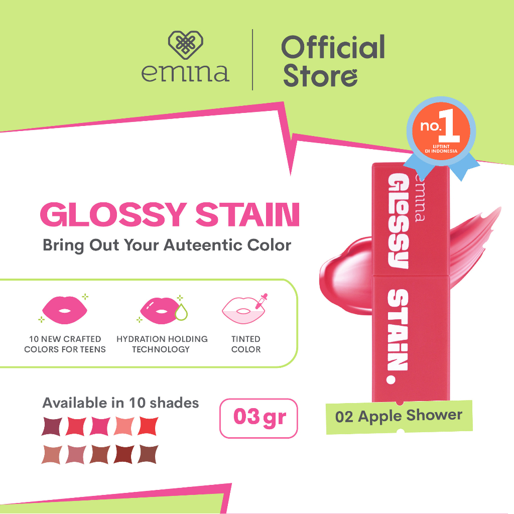 Emina Glossy Stain 3 g - Melty Gel Lip Tint Glossy Finish, Tahan Lama dan Melembabkan