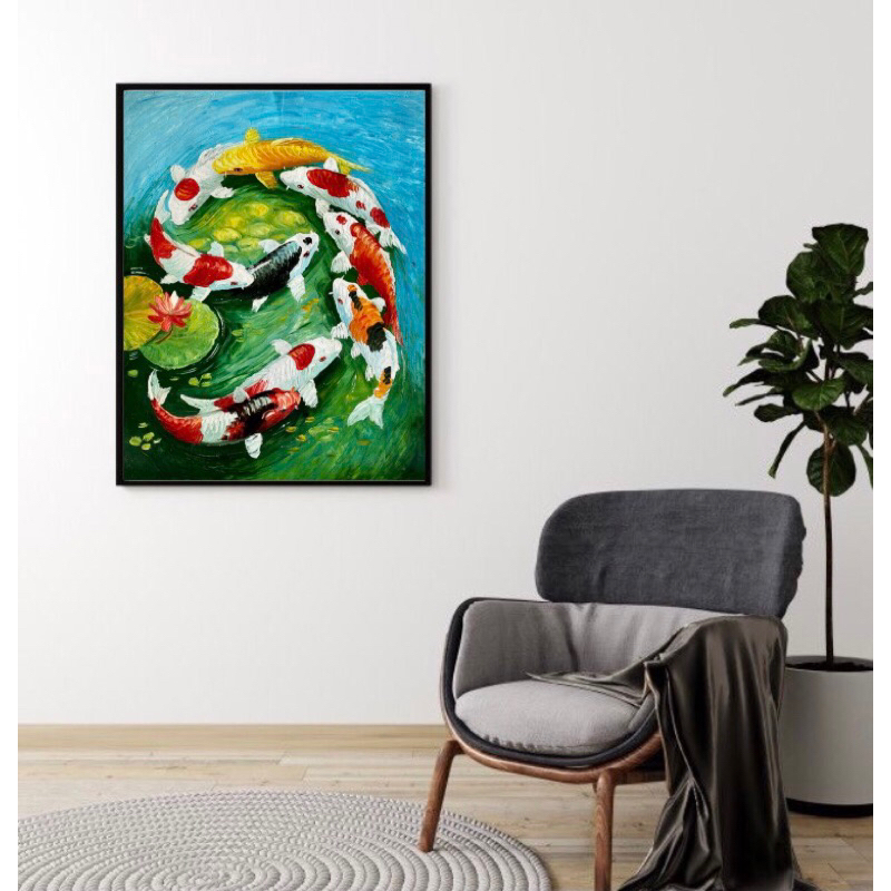 Lukisan Ikan Koi Berbentuk Angka 9, Lukisan Fengshui, Lukisan Kanvas Hiasan Dinding Ukuran 60x80 cm 