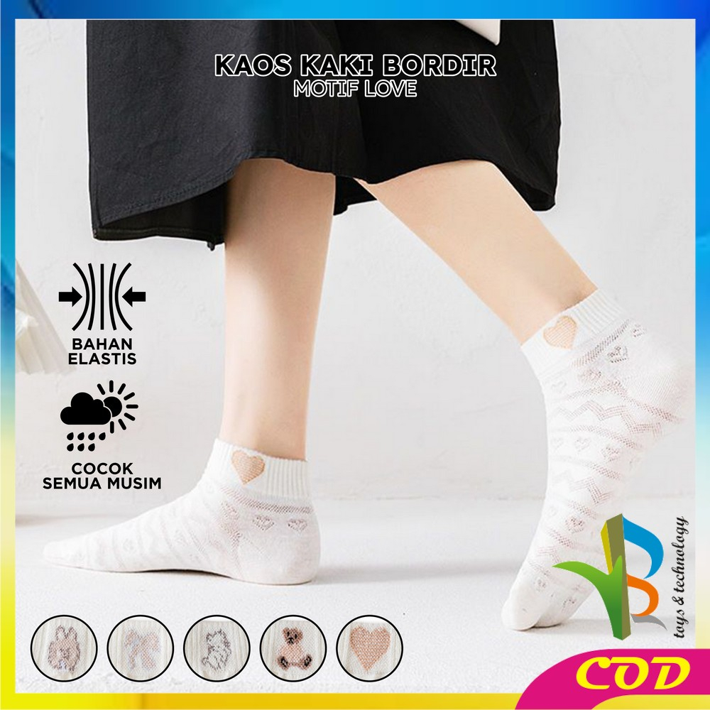 RB-P576 Kaos Kaki Wanita Semata Kaki Motif Bordir Karakter Korean Style / Kaos Kaki Pendek Lucu Ankle Socks Dewasa Motif Love / Kaos Kaki Putih Remaja Import