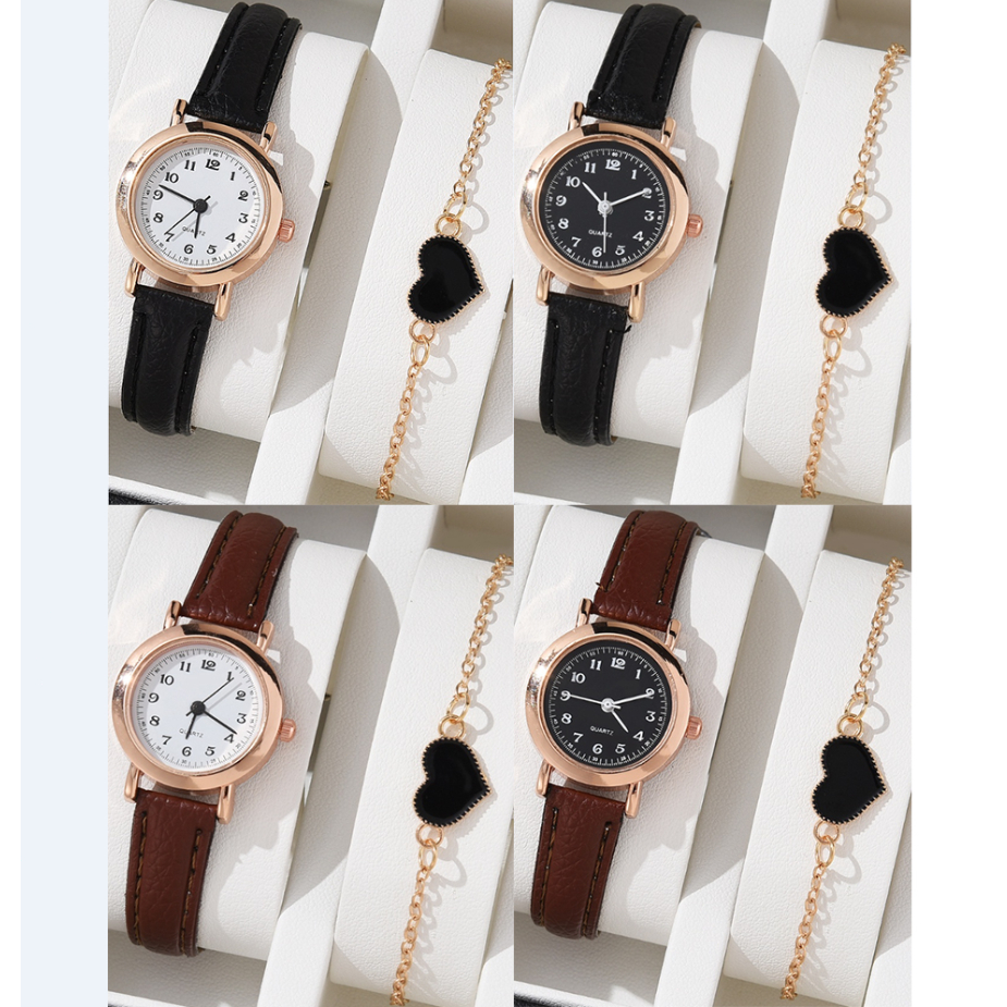 2PCS Small Dial Women's Quartz Watch + Gelang Tali Kulit Fashion Retro In Jam Tangan Wanita（No Box）