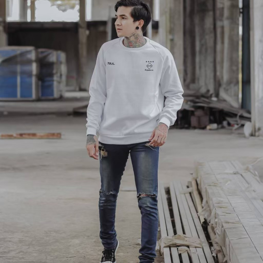 SWEATER CREWNECK cowok Sweatshirt Pria BOJIEL Putih Polos seri BJSL143