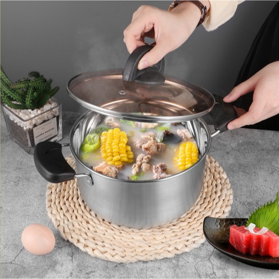 Panci Sop Kuah Steamer 20cm 22cm 24cm 26cm Panci  Kukus Dandang Kukusan Tutup Kaca Stainless Panci Kukus Set Stainless Steel Panci Sup Steamer Tebal