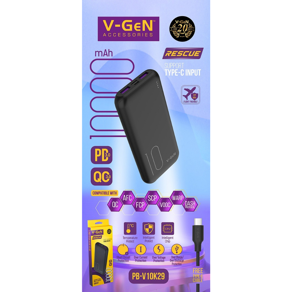 Powerbank V-GeN Rescue V10K29 10000mAh Type C Fast Charging QC PD VOOC