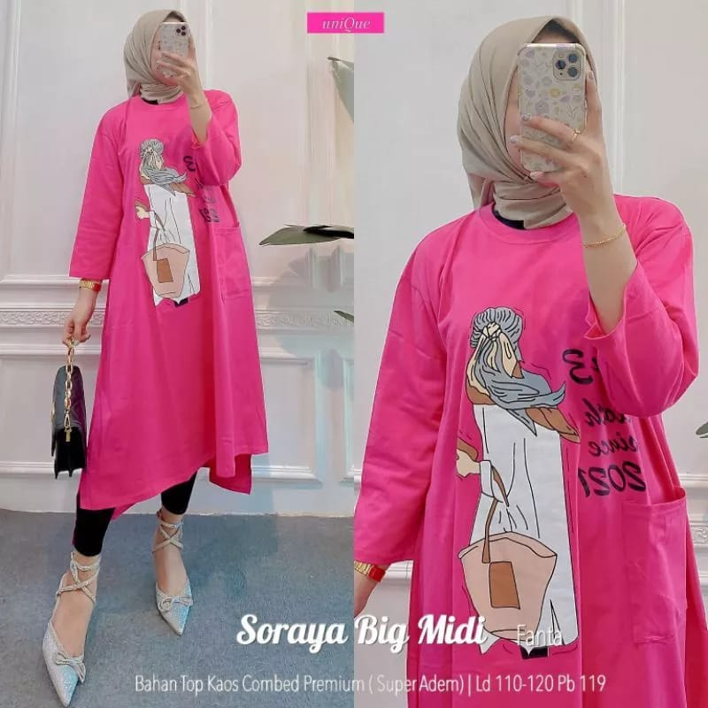 Midi dress combed Soraya midi dress bahan kaos katun combed 24s aplikasi sablon ukuran s - xxl Ld 90 - 120 cm Long tunik wanita terbaru 2023 Baju atasan wanita terbaru 2023 kekinian viral Gamis wanita kekinian warna lime , putih , pink