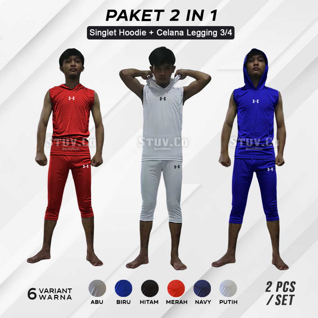 PAKET 2IN1 BASELAYER OLAHRAGA SINGLET HOODIE DAN LEGGING 3/4 FUTSAL SEPAKBOLA GYM FITNESS BASKET 6 WARNA