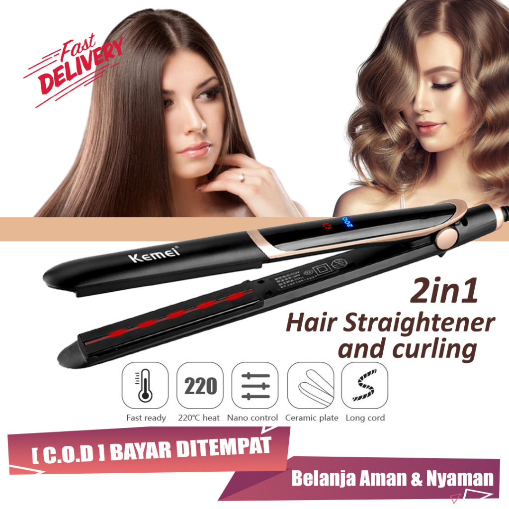 Catok Rambut 2in1 Pelurus dan keriting Rambut Kemei Infrared Ceramic Kontrol Suhu Otomatis