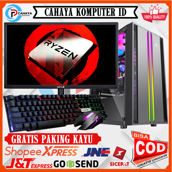 Pc Gaming Editting AMD Ryzen 5 5600G Ram 16GB SSD 128GB Monitor 24 Inch Keyboard Mouse Siap Pakai Free Usb Wifi