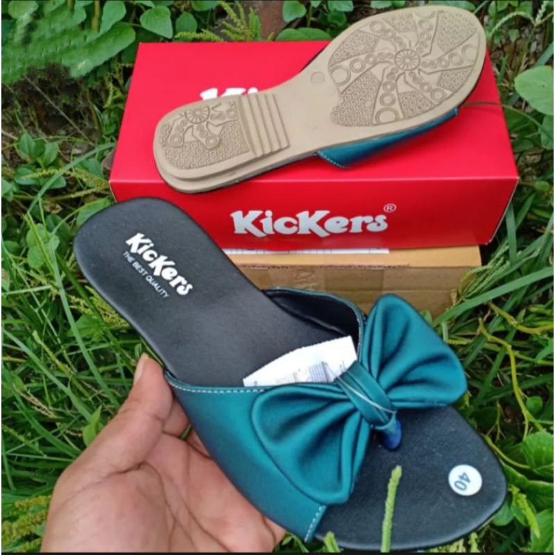 sandal wanita terbaru teplek pita hijau daun kekinian