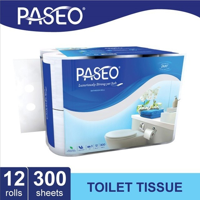 Tisu Toilet Paseo 300 Sheets x 12 Roll sheet /  Elegant Tissue Toilet Rol Core Non Emboss 3 ply alami tanpa bahan kimia