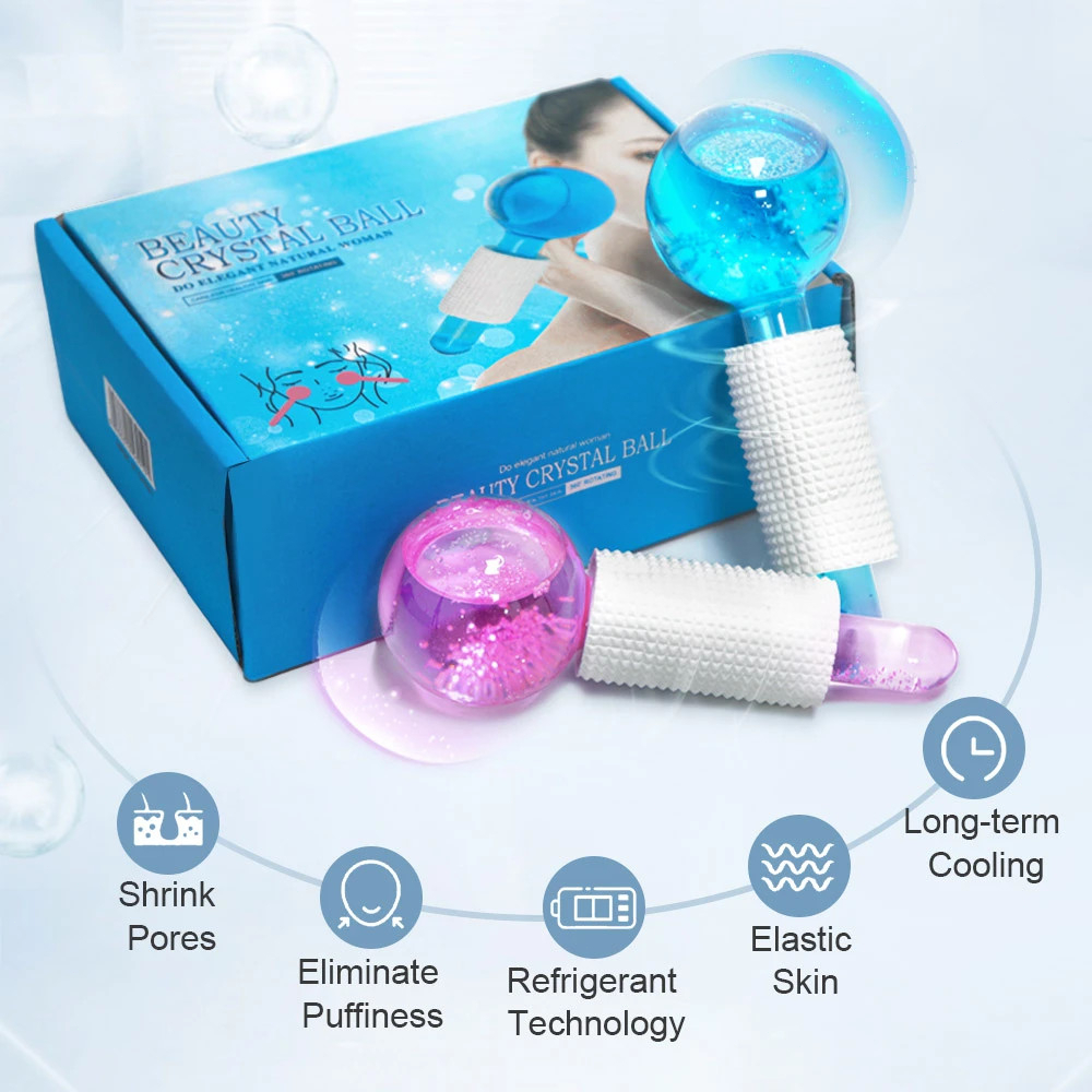 Ice Globes Roller - Pink/Blue 2pcs - Beauty Crystal Ball Glitter/Ice Globes Facial Roller Glitter/ Alat Pencerah Wajah / Alat Pijat Muka Untuk Perawatan Kulit Wajah