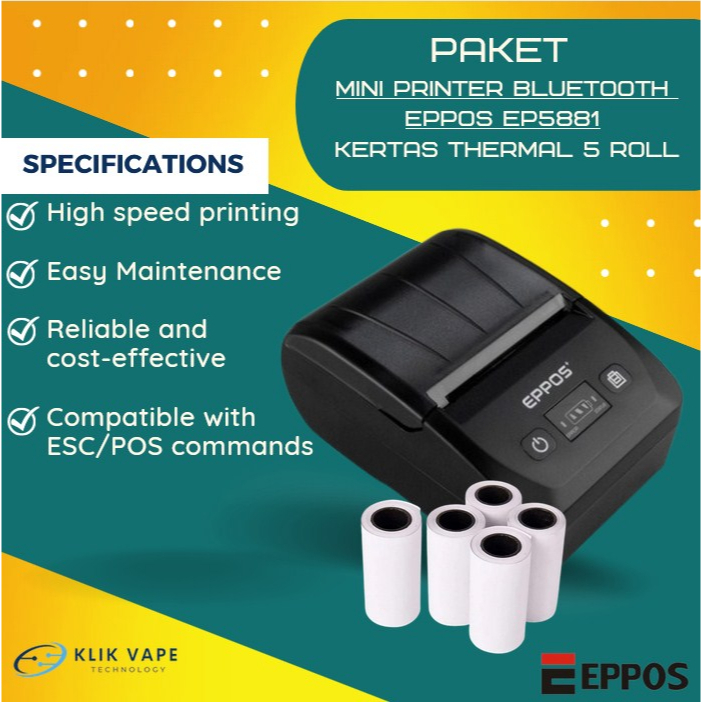 TERMURAH PAKET HEMAT PRINTER BLUETOOTH &amp; KERTAS THERMAL 5PCS