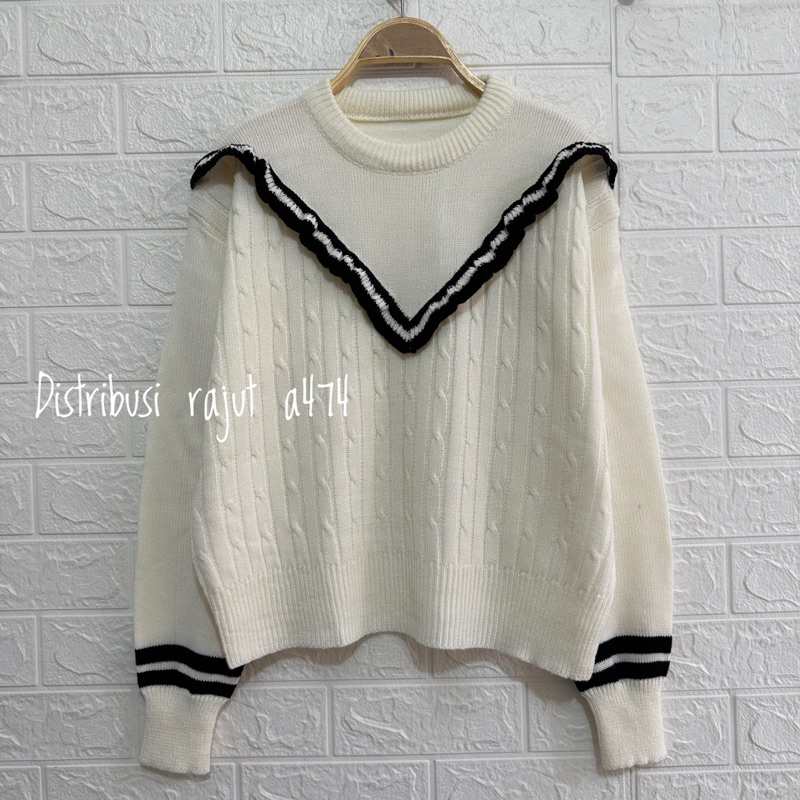 SAIRA SWEATER RAJUT RENDA MOTIF CABLE STRIPE ATASAN WANITA LENGAN PANJANG