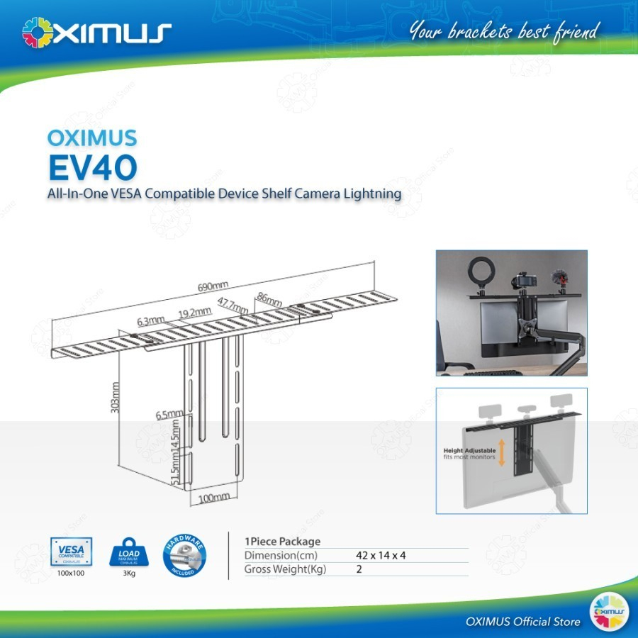 OXIMUS EV40 All in One VESA Compatible Device Shelf Camera Lightning