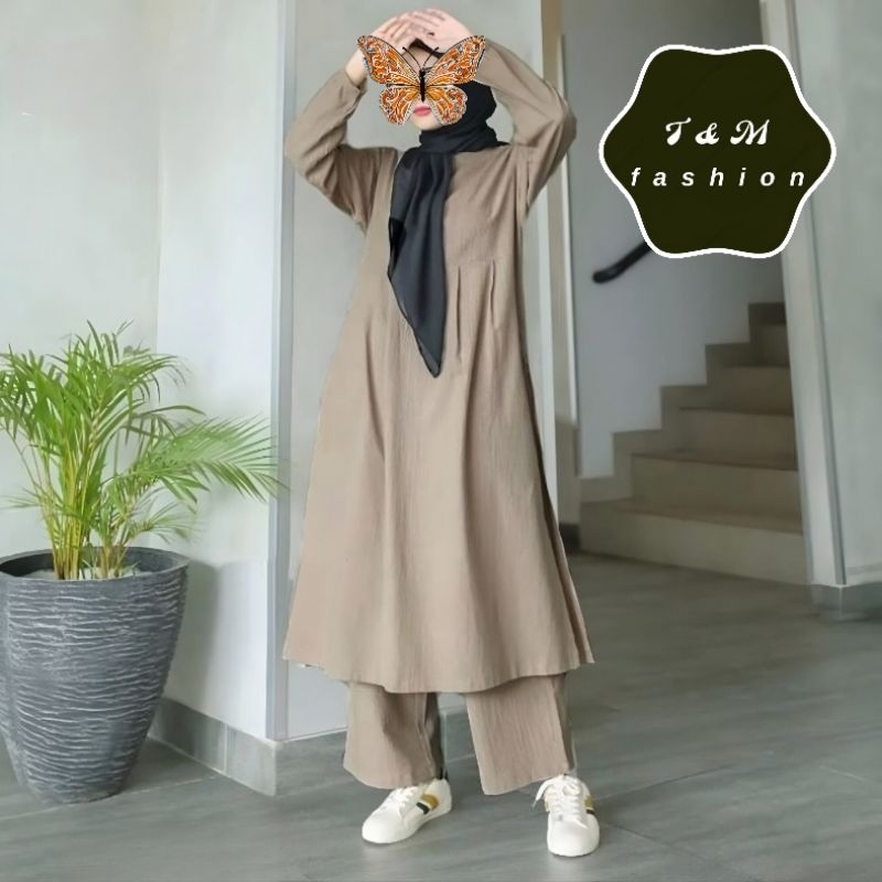 T &amp; M Fashion Tunik Set Celana HANNA Baju Wanita Gaya Santai Harian Wanita Muslim Warna Cream Millo Kuning Navy Dusty Army Maroon Putih