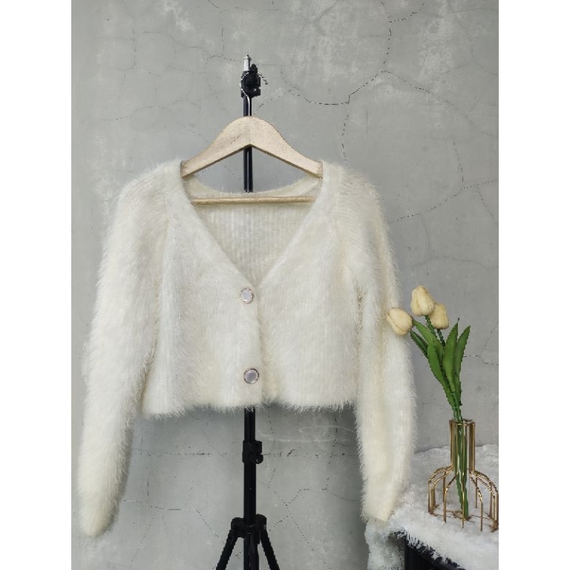 cardigan bulu crop wanita Korea