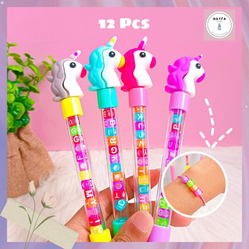 

12 Pcs Pulpen DIY Gelang Huruf Karakter Unicorn Alat Tulis Unik