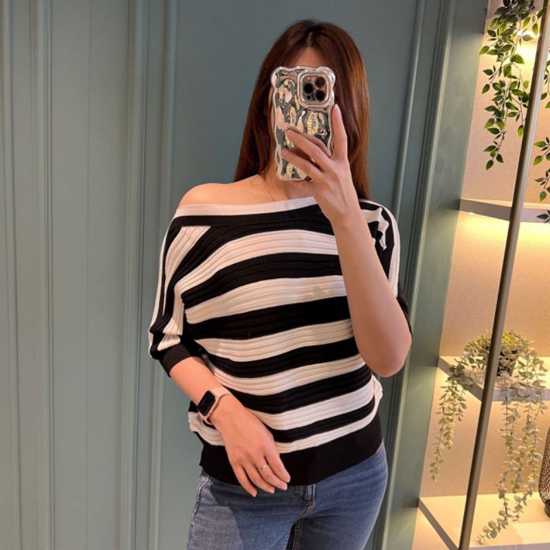 Boat Neck Dolman Stripe Knit Blouse 20417