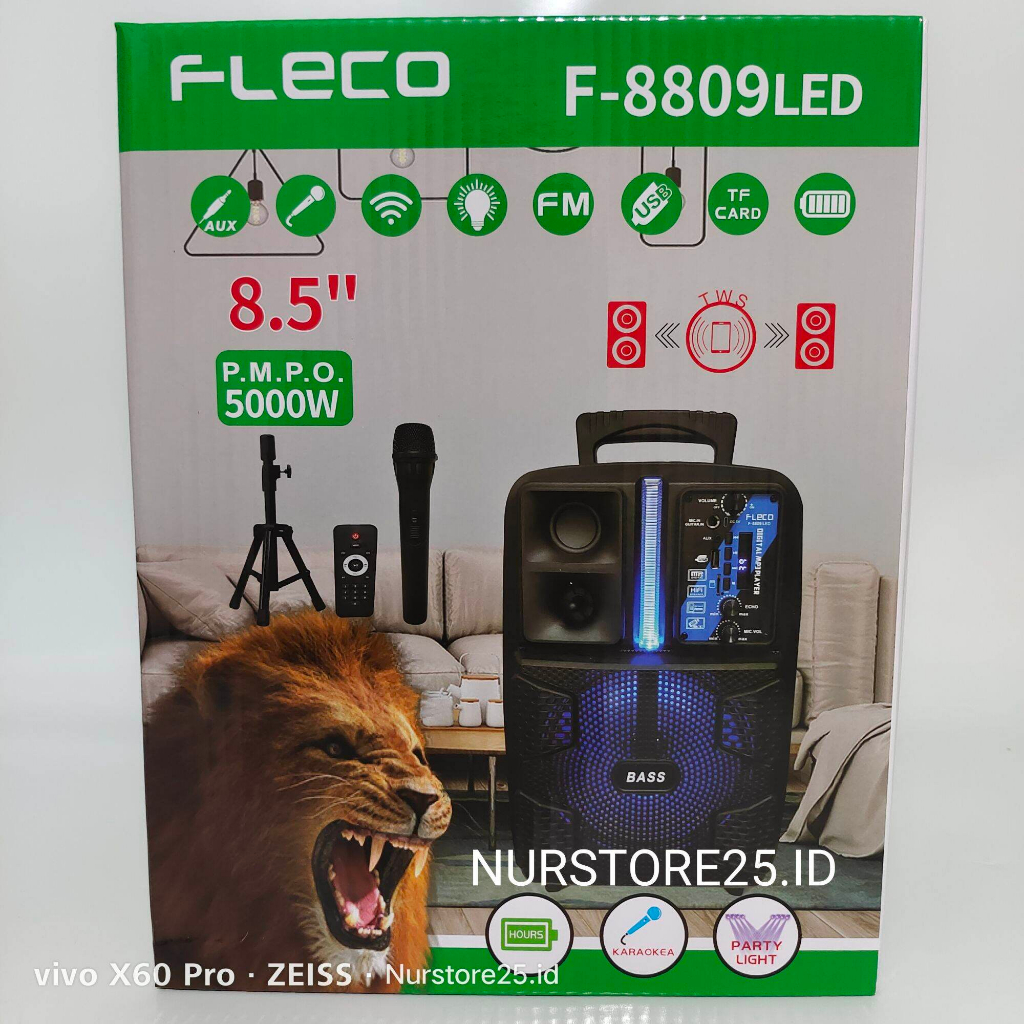 Speaker Karaoke bluetooth Fleco F-8809 LED 8.5 inch/ free mic wireless+remote+standing/ speaker karaoke full bass