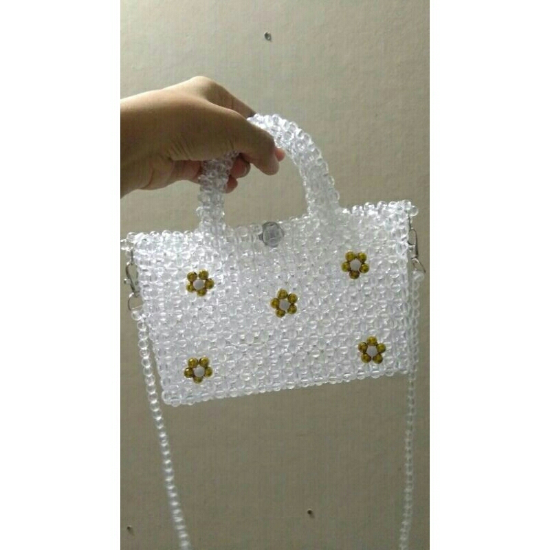 Promo tas manik mutiara putih transparan bunga/ Tas jinjing & selempang/tas mote/tas handmade