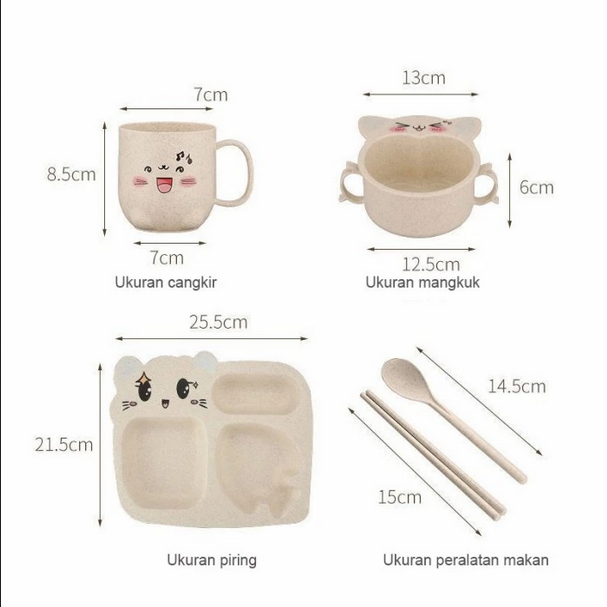 Tempat Makan Set Anak Tempat Sendok Garpu &amp; Garpu Piring Makan Anak Kartun lucu Jerami Gandum Peralatan Makan Anak-anak Kreatif Set Bayi Pemisahan Piring Kartun Rumah Tangga Anti-Fall Bayi TK yang Lucu