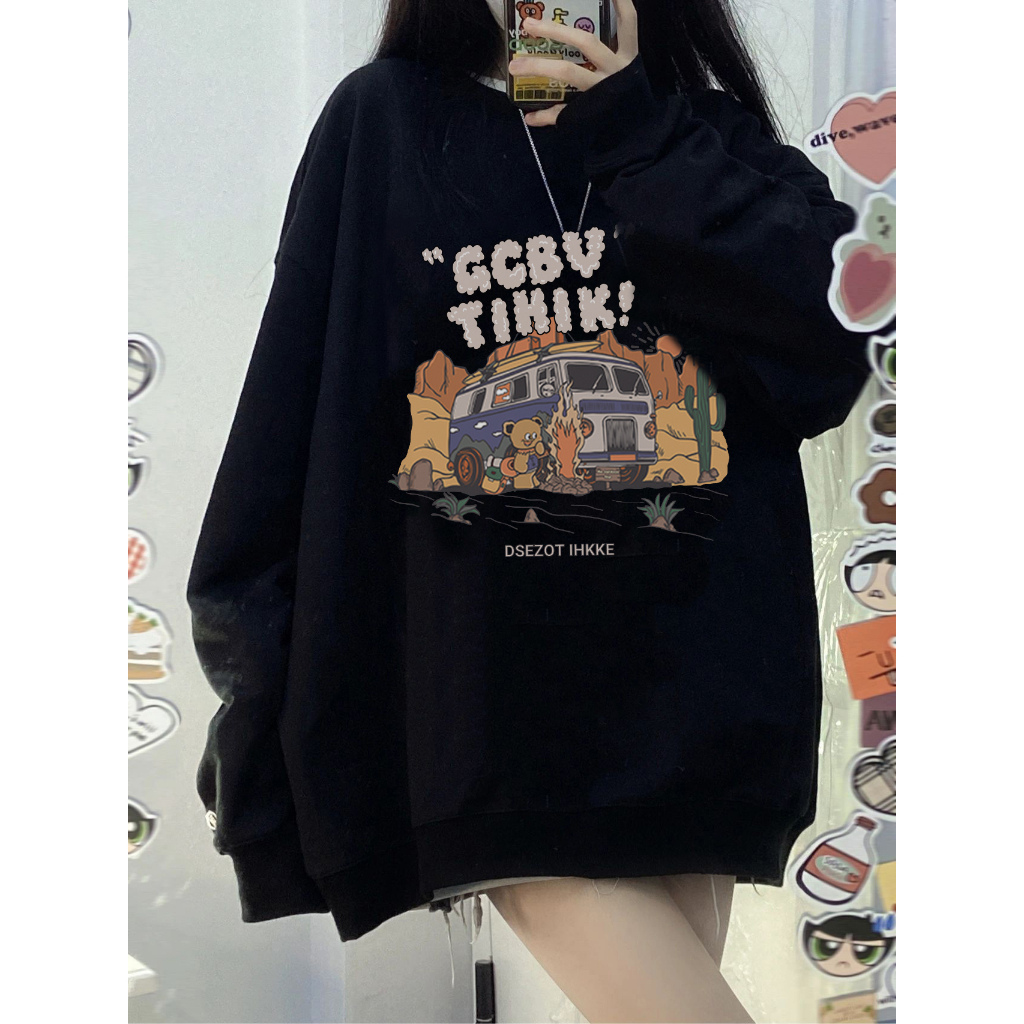 EUNII Sweater Lengan Panjang Cartoon Desert Car Printing Korean Style/Sweater Crop/Baju Wanita/Switer Wanita/Switer