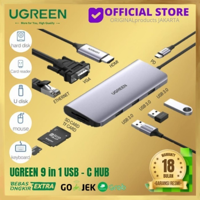 Type c to USB 3.0 hdmi vga PD SD TF micro RJ45 Lan 4K Ugreen 9 in 1