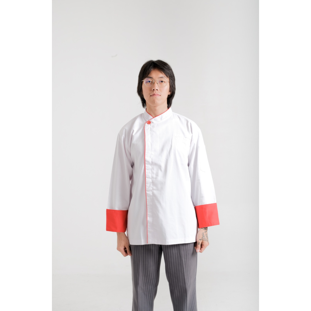 Chef Jacket / Baju Koki Putih Merah Lengan Panjang Buttonless