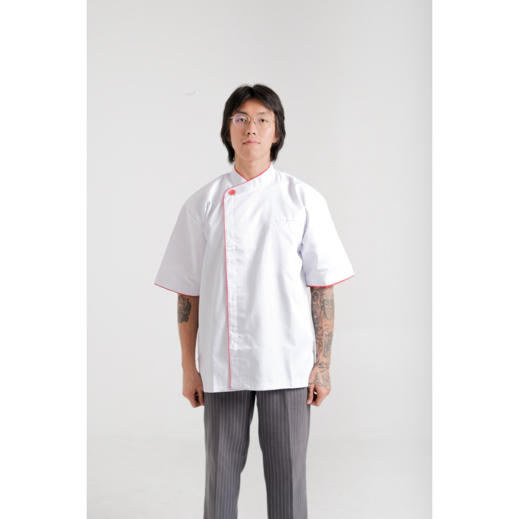 Chef Jacket/ Baju Koki Putih Merah Lengan Pendek Buttonless