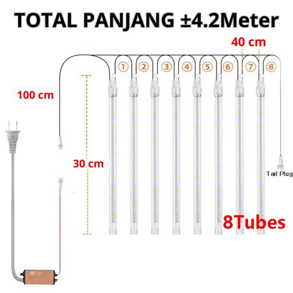 MMM Lampu Meteor LED isi 8 Tabung/45cm 30cm Lampu Meteor Set 8 Tubes 4.5Mtr Rainbow RGB Rain Snow Tongkat Taman Hias 4.3Meter Meteor Anti Air Dekorasi Pesta Natal Taman Outdoor Indor