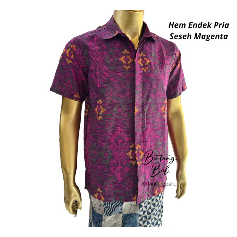 Kemeja Endek Bali Pria Katun Lengan Pendek Motif Seseh atau Gerimis Warna Magenta