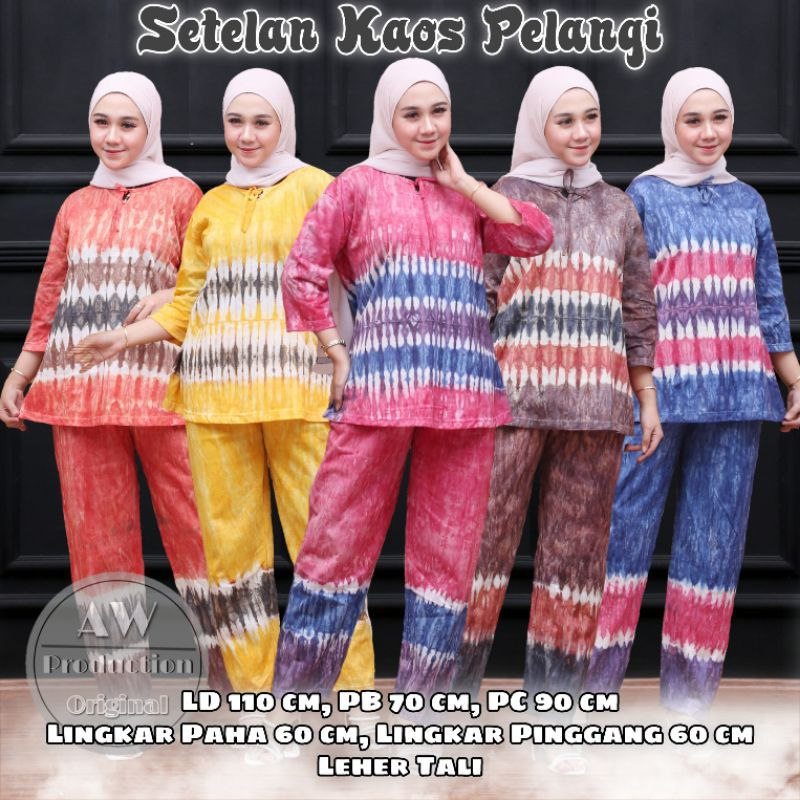Setelan Wanita Kekinian Motif Tie Dye Leher Tali One Set Celana Panjang  bahan Kaos Murah