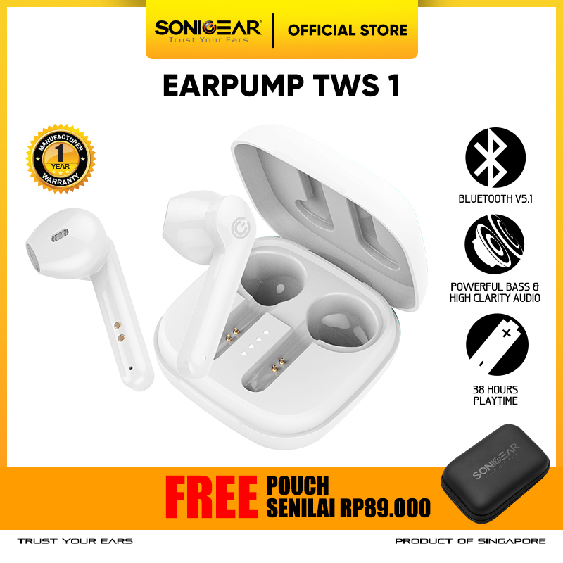 SonicGear TWS 1 Wireless Bluetooth Earphone with Portable Charging Case - Garansi Resim 1 Tahun