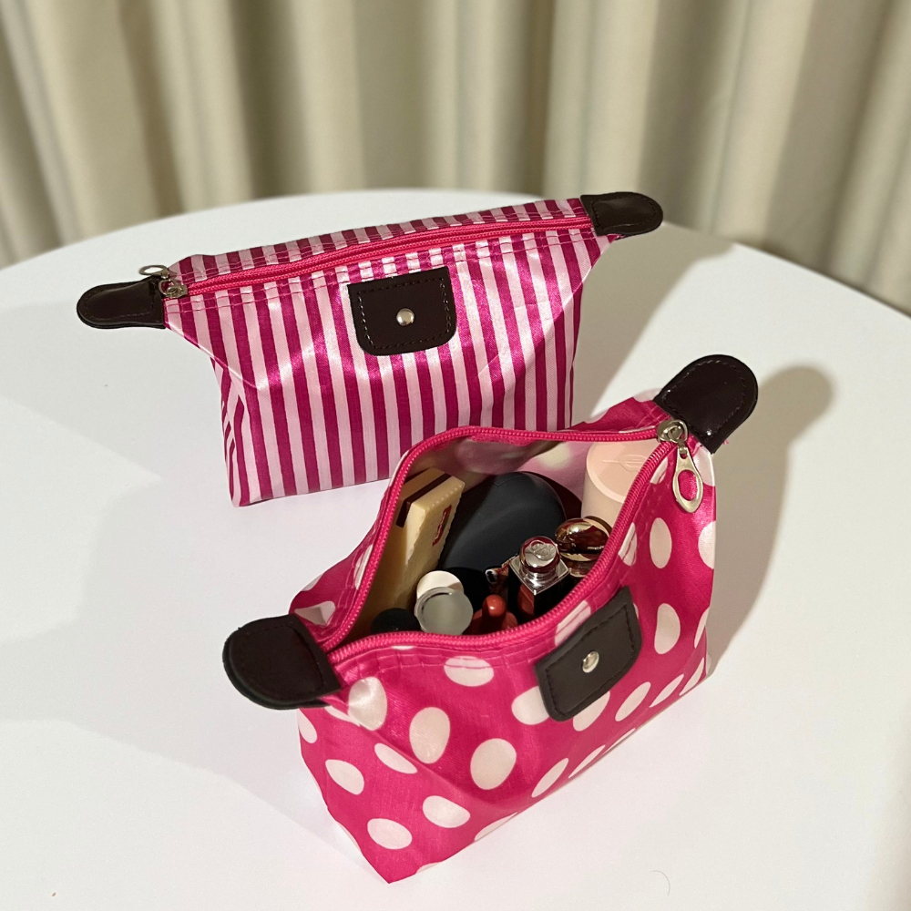 TAS POUCH MAKE UP PINK / POUCH ORGANIZER MULTIFUNGSI / POUCH POLKADOT / GARIS