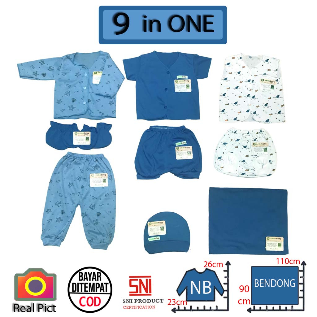 9in1 Set Kado Baju Bayi Pakaian Bayi Baru Lahir lengkap Topi Bedong Sarung Tangan dan Sarung Kaki Gift Set Hampers Ocean