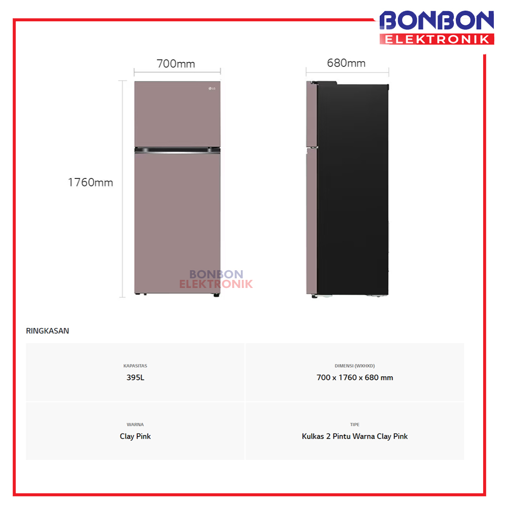 LG Kulkas 2 Pintu GN-B392PQGP / GN B392 PQGP Clay Pink 395L