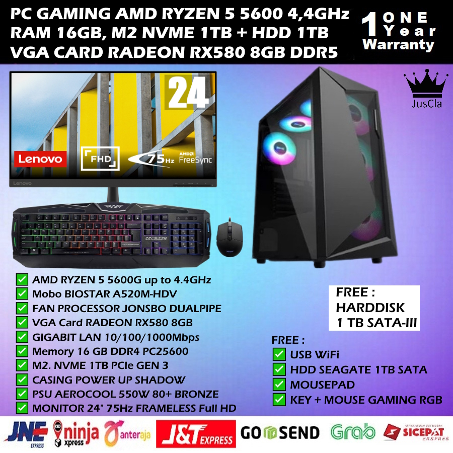 PC GAMING AMD RYZEN 5 5600G 4,4GHz|DDR4 16GB|VGA RADEON RX580 8GB|SSD 1TB NVME|HDD 1TB|PSU 550W 80+ BRONZE|KEY+MOUSE GAMING|WIFI