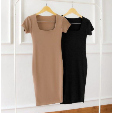 midi dress wanita / bahan jersey / polos lengan pendek / hitam