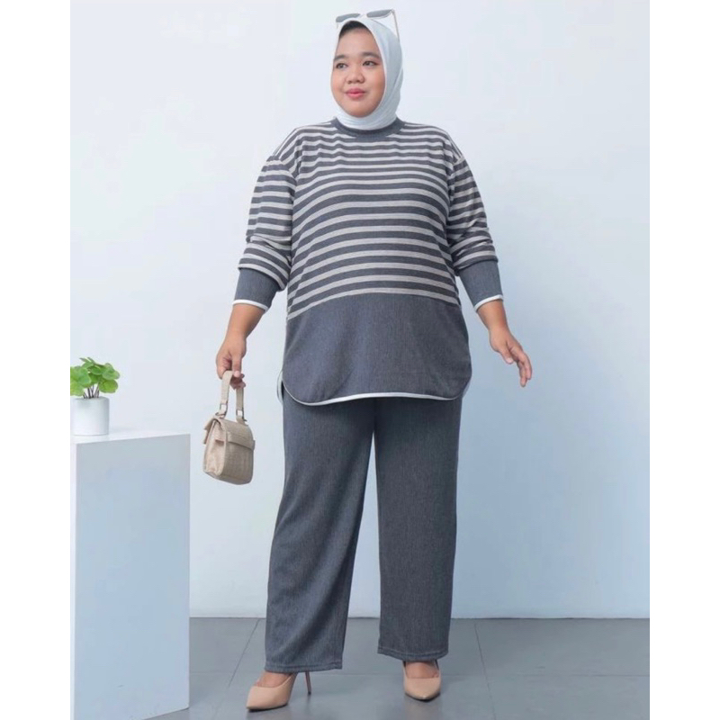 setcel kombinasi salur kaos knit premium setcel wanita setelan celana wanita jumbo oversize