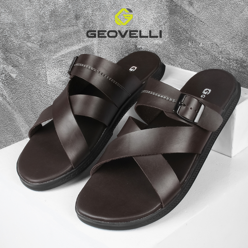 Sendal Slide Pria Premium Geovelli Sandal Cowok Original Kualitas Lokal - G1984 Coklat