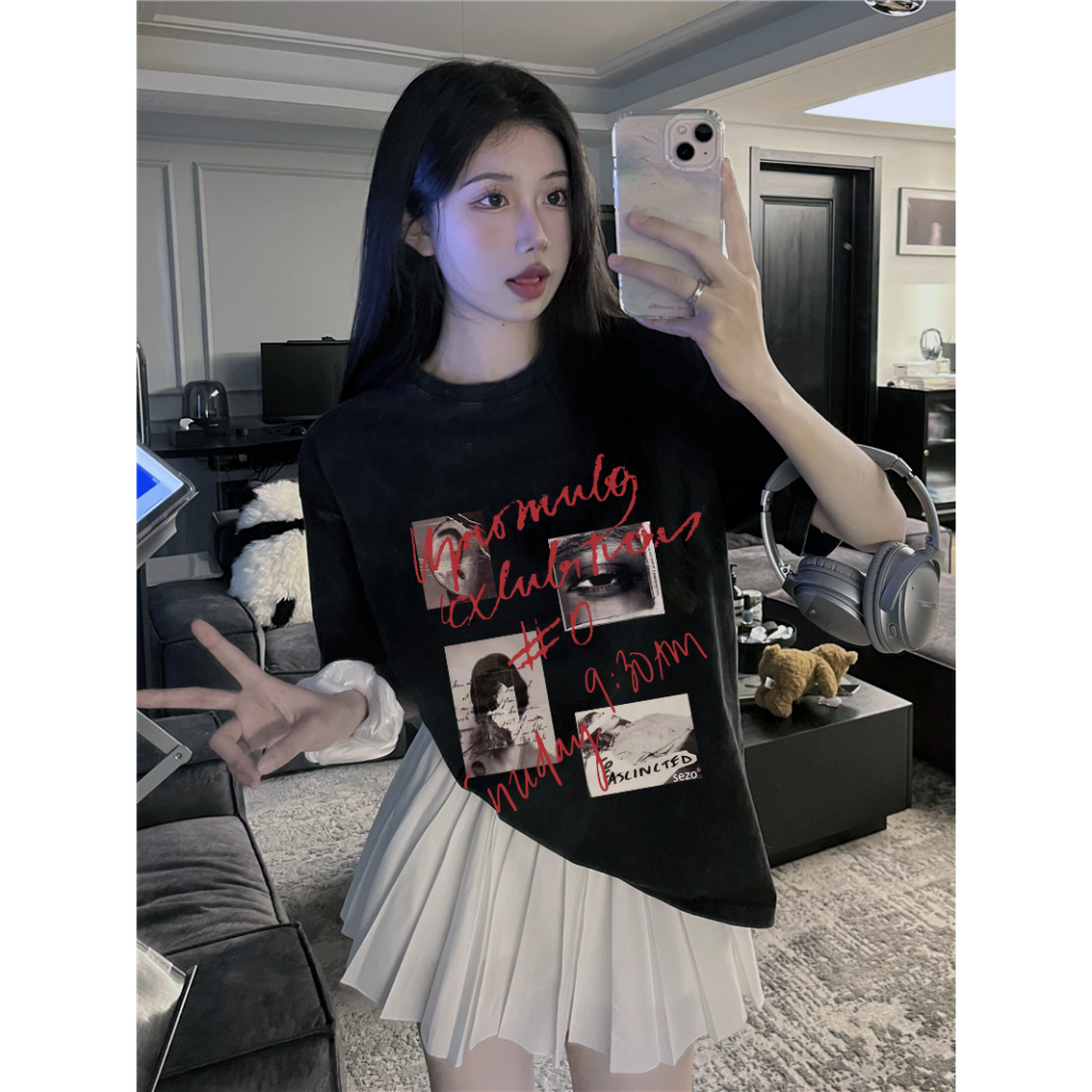 XIAOZHAINV Korean Style Red Letters Pattern Washed Printing Kaos Wanita A0542/Atasan Wanita Terbaru