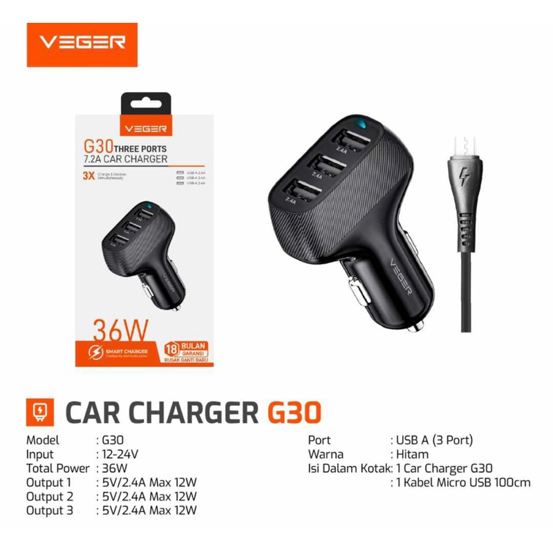 car charging mobil Veger G30 3port usb