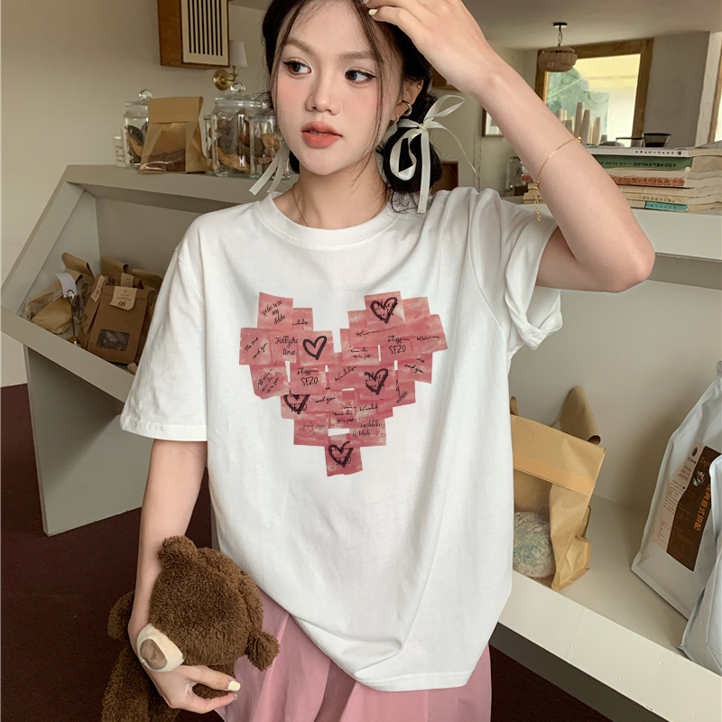 Print T-shirt Kaos Lengan Pendek Cartoon Stamp Heart Printing Oversize Atasan Wanita Korean Style