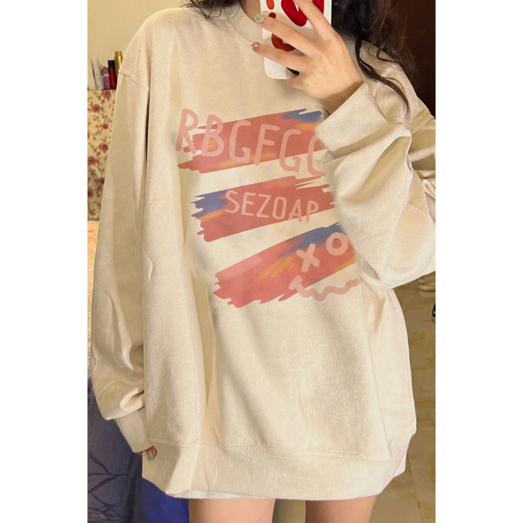 EUNII Sweater Lengan Panjang Cartoon Pink Doodle Printing Korean Style/Sweater Crop/Baju Wanita/Switer Wanita/Switer