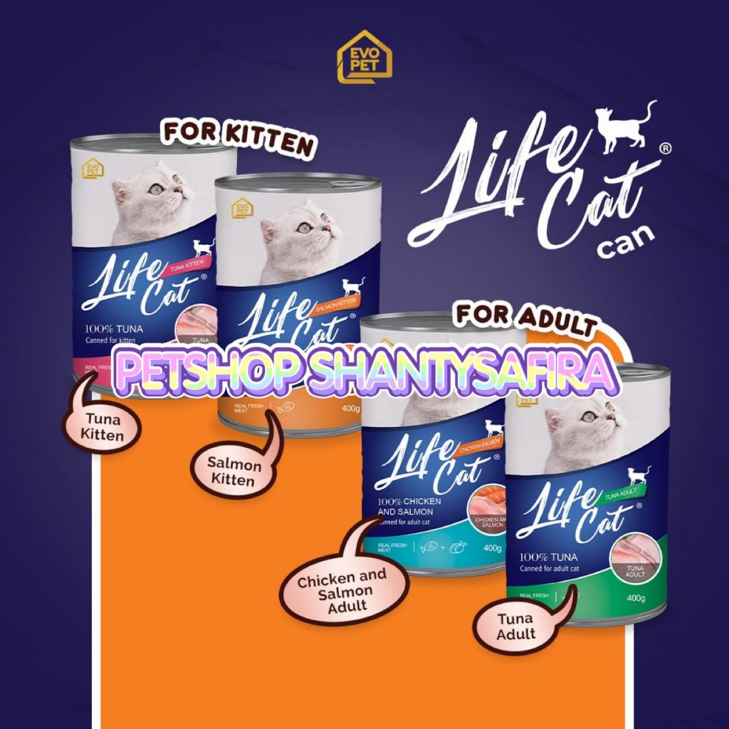 MAKANAN KUCING BASAH LIFECAT LIFECAT KALENG KITTEN / ADULT LIFE CAT KALENG 400 GR 1 DUS ISI 24 KLG