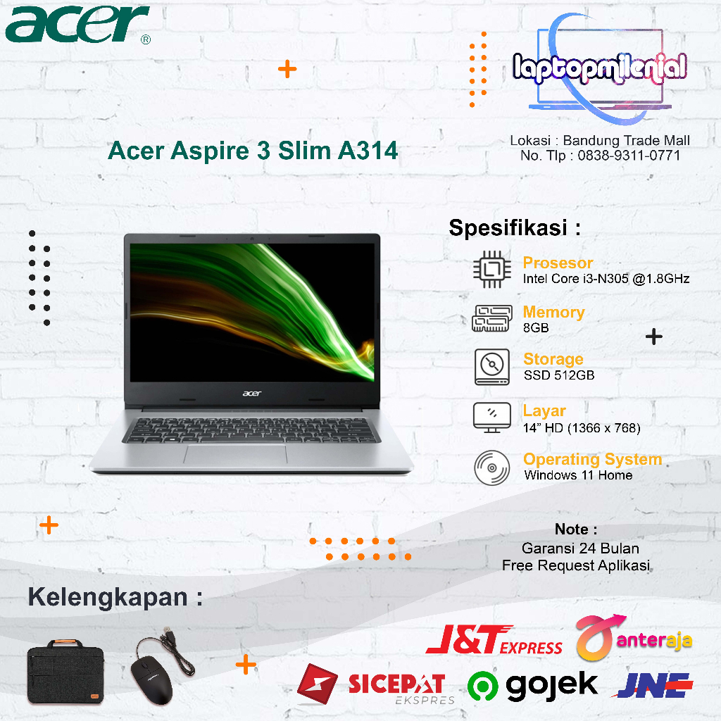 Acer Aspire 3 Slim A314 Intel Core i3-N305 8GB SSD 512GB 14&quot; W11 OHS Original Begaransi Resmi