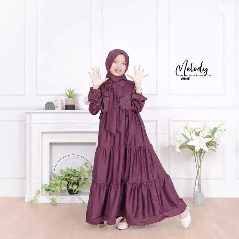 Baju Anak Perempuan Terbaru Melody Dress Kids Gamis Anak Umur 10-13 Tahun Bahan Santorini Silk